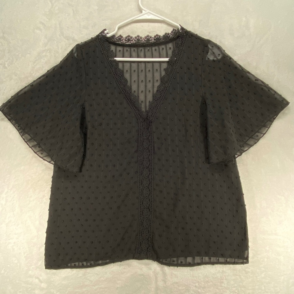 SHEIN Swiss Dot Blouse Crochet Trim Sheer Bell Sleeve Top Black Size M